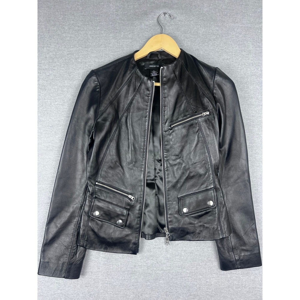 Arden B Black Leather Jacket Womens Size 2 Collarless Zip‎ Moto Biker Coat
